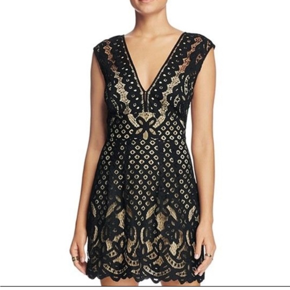 FREE PEOPLE One Million Lovers Lace Mini Dress Black / Nude LBD 2 - Picture 3 of 12